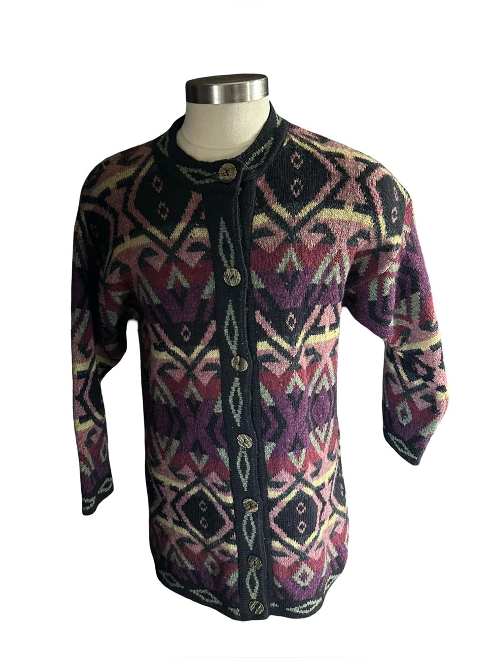 Vtg Whortleberry Scotland 90% Wool Geometric Aztec Long Cardigan Sweater Sz M